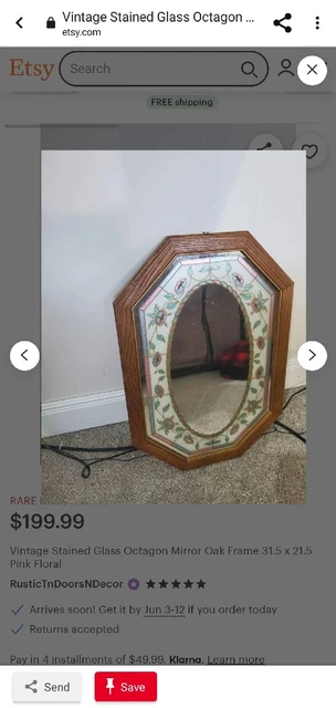 Vintage Stained Glass Octagon Mirror Oak Frame 31.5 x 21.5 Pink Blue Grn Floral