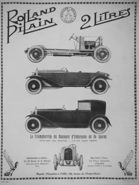 Publicité 1924 Rolland Pilain 2 Litres Critèrium De La Construction Automobile
