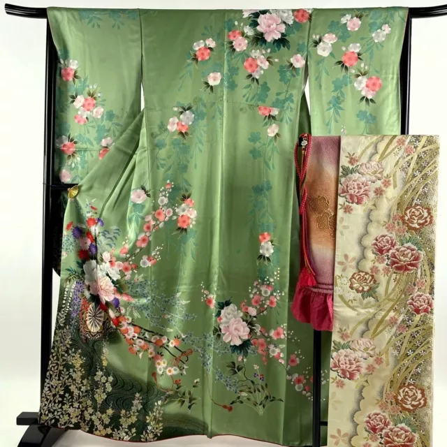Japanese kimono SILK"FURISODE" with "OBI", Rowel,Gold/Silver/Green, L5'4"..3233