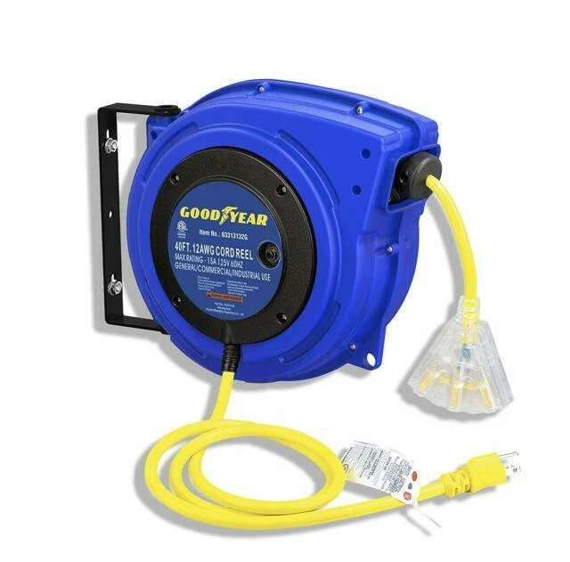 GOODYEAR 12AWG X 40 ft Retractable Extension Cord Reel LED tap TRI