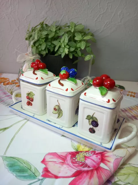 Villeroy & Boch 3 porcelain jam jars with tray Cottage Charm vintage china