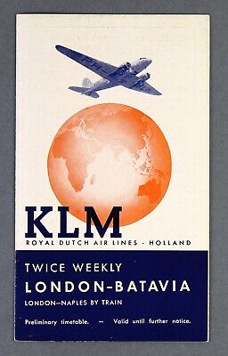 Klm Royal Dutch Airlines Amsterdam - Batavia Timetable January 1940 - Ww2