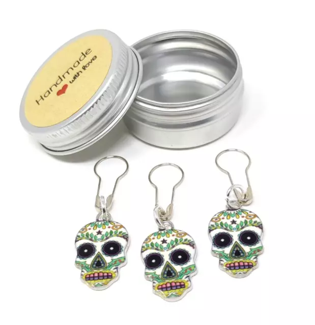 Stitch Markers Knitting Crochet Metal Pins Mexican Skull Charms HE2 With Tin