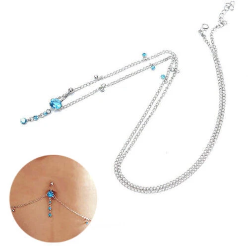 Belly Button Ring With Waist Chain Rhinestone Piercing Navel Drop Pendant Dangle