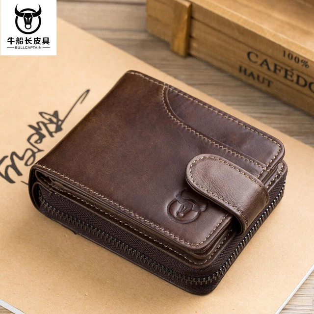 Men's Wallet Genuine Leather Credit Card Holder RFID Blocking Zipper Thin Wallet