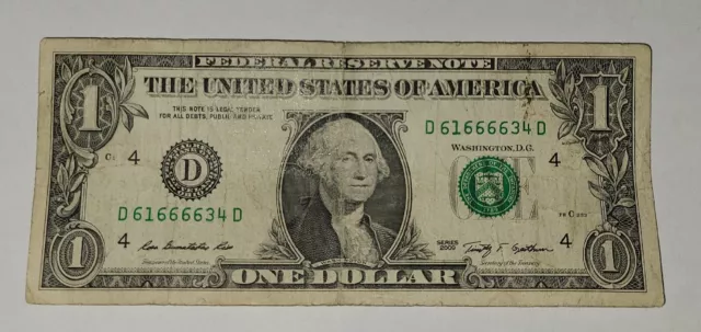 Fancy Serial Number 5 of a Kind 6's-$1 Dollar Bill-Trinary 61666634