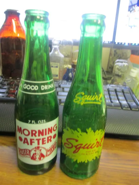 Detroit & Iron Mountain, Mich. Morning After & Squirt 7 Oz. ACL Soda Pop Bottles