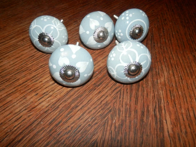 Blue & White  Hand Painted Ceramic Knobs Cabinet Drawer Pull Set of 5