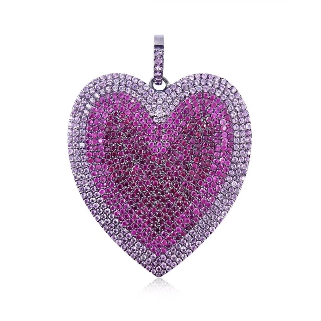 Pave Diamonds/Ruby Gemstone Heart Shape Pendant,925 Silver,Gift For Girlfriend