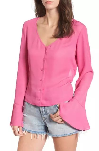 New Womans Mimi Chica Cut Out Tie Back Bell Long Sleeve Pink Blouse M 6197