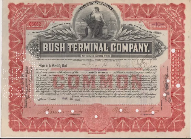 Bush Terminal Company Stock Certificate Brooklyn Barge Railroad Red