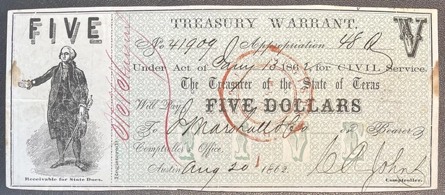 5 Dollars - Treasury Warrant State of TEXAS - Obsolete Currency Note #59198