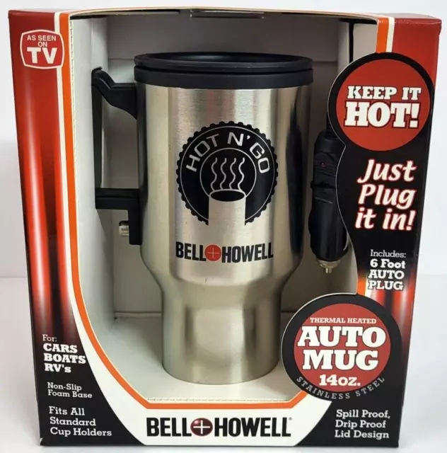Bell Howell 14oz Stainless Steel Heated Thermal Mug Auto Travel 12 Volt Charger