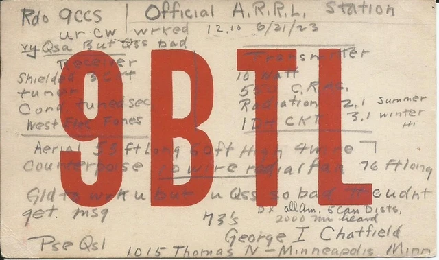 Vintage Ham Radio Qsl Cards 1923   9Btl   Minneapolis, Mn.