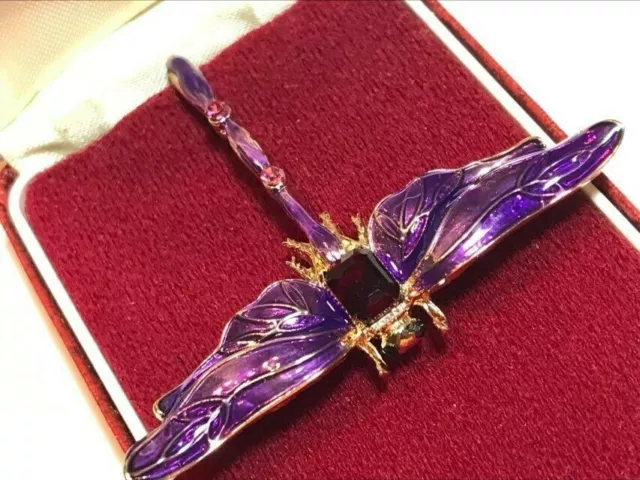 Beautiful Purple Art Nouveau Style Enamel Crystal DRAGONFLY BROOCH PIN