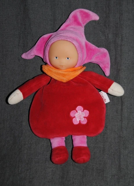 Peluche Doudou Poupée Rouge COROLLE Lutin Arlequin Rose Bandana Orange Hochet