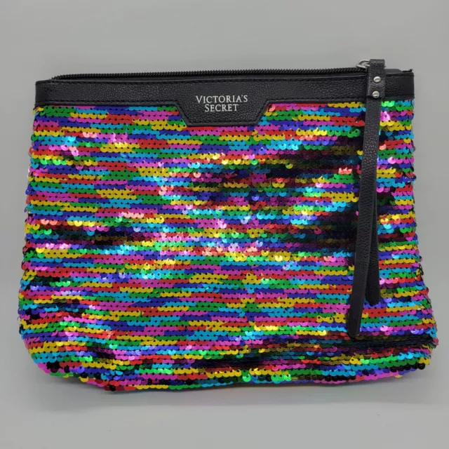 Victoria’s Secret Rainbow Sequin Wristlet Clutch Travel Makeup Cosmetic Bag