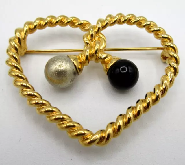 Vtg SIGN PD PREMIER DESIGNS Gray Faux Pearl blac ROPE HEART Brooch Pin Gold tone