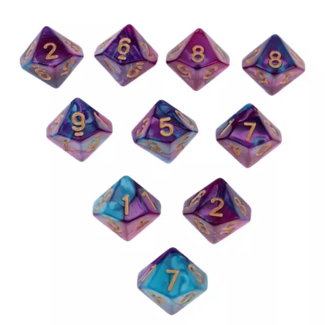 Multi sided dice set of 10 D10 Dungeons D&D RPG Role play Purple+Blue