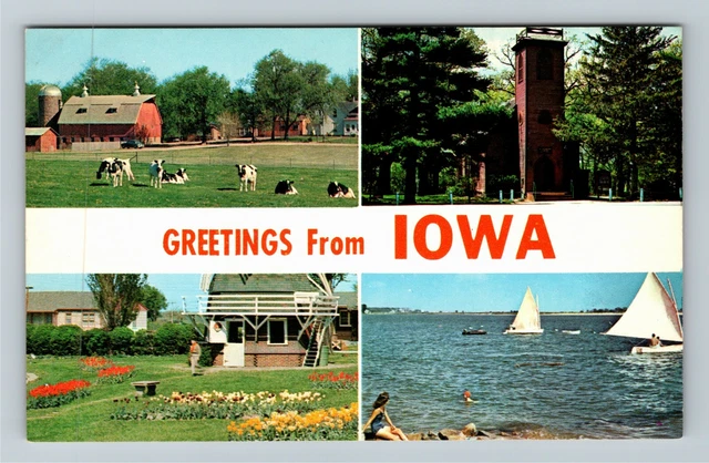 Greetings From Iowa, Farm, Little Brown Church, Tulip Time, Lake Chrome Postcard