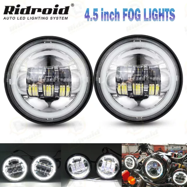 Pair 4-1/2 4.5" White Halo Ring LED Fog Lights Passing Lamp for Harley Touring