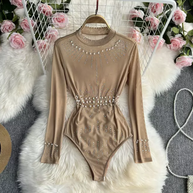 Donna Maglia Manica Lunga Body Tuta Camicia Strass Perline Trasparente Slim
