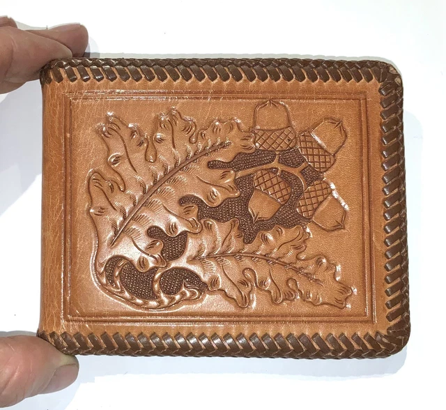 Hand Tooled Bifold Leather Wallet Oak Leaf Acorn Design
