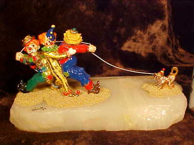 BEAUTIFUL, RARE & LARGE Clowns & Dog Tug O War Figurine Statue RON LEE Cute!