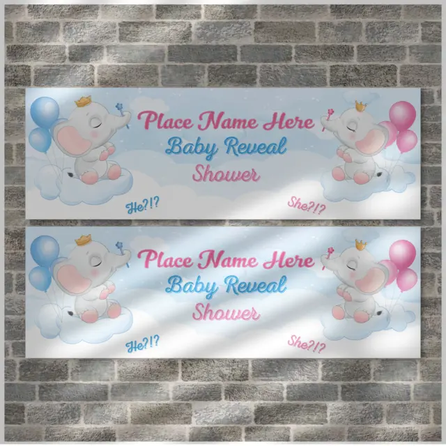 2 PERSONALISED FLYING ELEPHANT GENDER REVEAL BANNERS-BOY OR GIRL? 900mm x 300mm