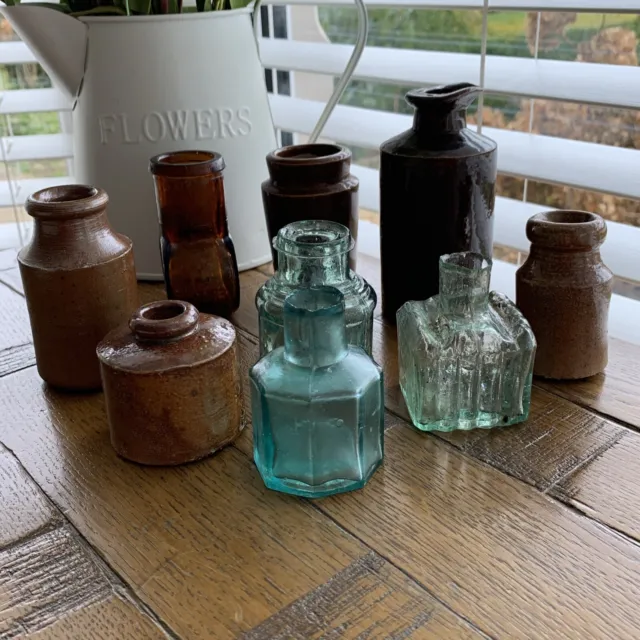 Old Fashioned Pouring Ink Bottles Victorian Ink Wells Vintage Glass Ink Pots x 9