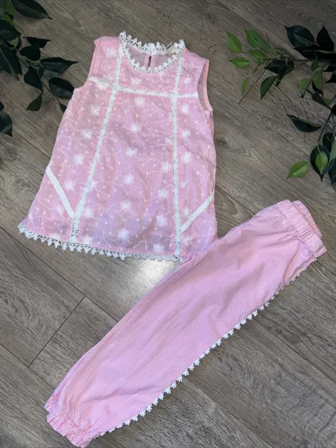 RIVER ISLAND girls pink summer  embroidery co ord top trouser set age 4-5