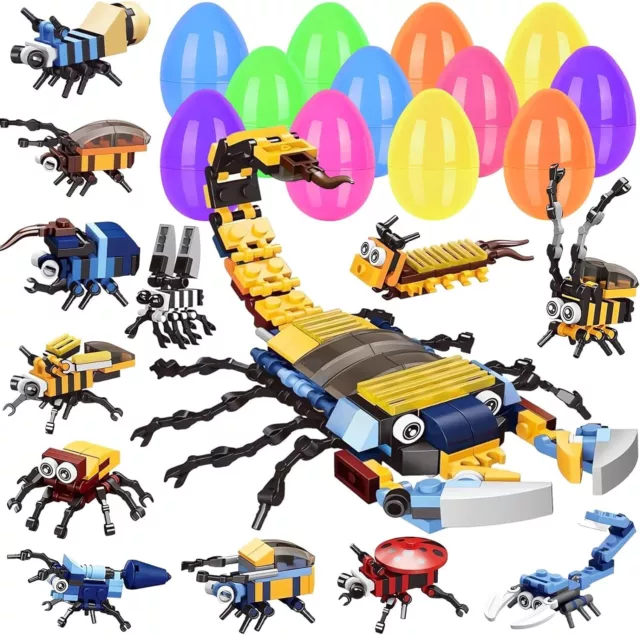 IKUKUER 12 Pcs Insect Building Blocks in Plastic Surprise Eggs Small, Medium