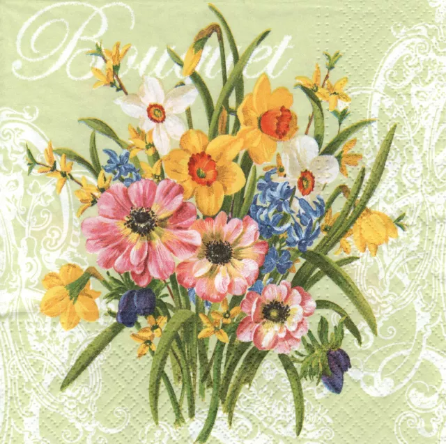 4 lose Servietten Napkins Bumen Flowers Blumenstrauß green