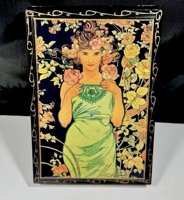 Vintage Mucha Praha Lacquer Footed 6" Trinket Box Art Deco Jewelry Box Beautiful