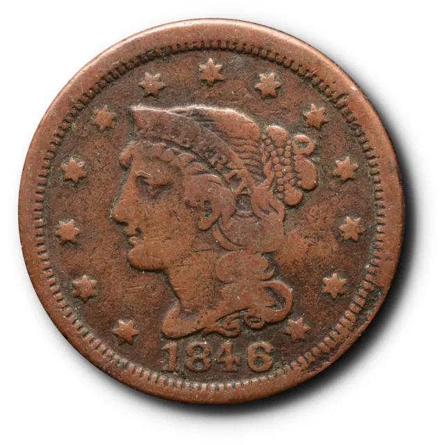 1846 Braided Hair Large Cent 1C F Fine Details Reverse Damage