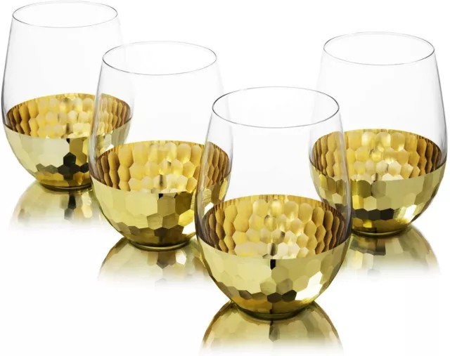 Stemless Wine Glasses w/ Hammered Brass Metal Bottoms, Cocktail Glass, Set of 4