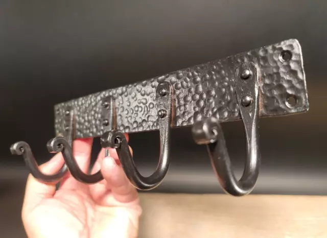 Antique Vintage Style Blacksmith Made Hammered Black Iron Hook Rack