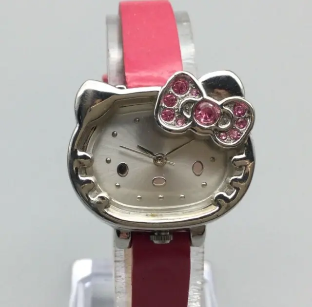 Hello Kitty Watch Women 27mm Silver Tone Face Dial Pink Leather Band New Battery