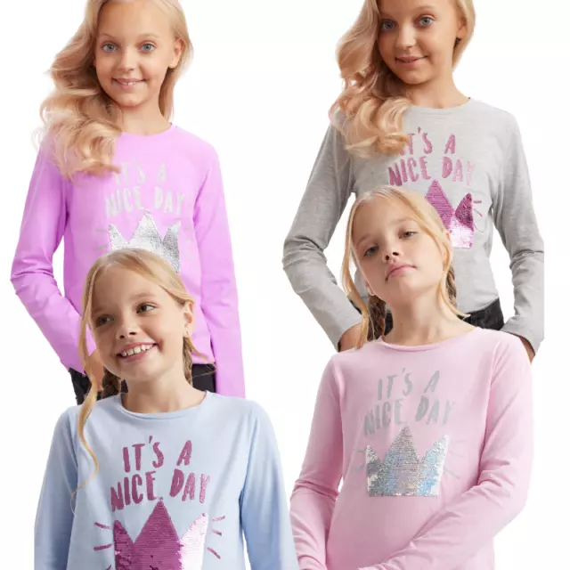 Girls T Shirts Long sleeve Cotton glitter/sequin work Kids Tops Age 7-12 Years