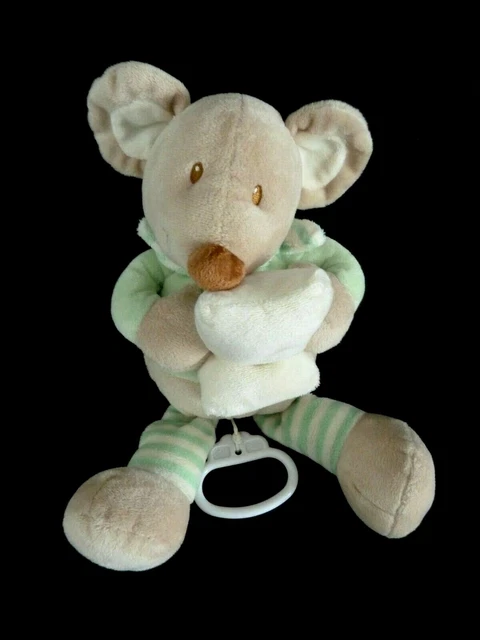 M5. DOUDOU PELUCHE MUSICAL POMMETTE SOURIS BEIGE VERT RAYE 29cm COUSSIN - TTBE
