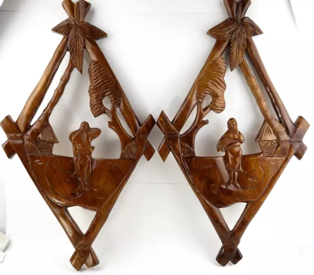 Set of 2 Hand Carved Polynesian Style Solid Wood Wall Art for Hanging - VINTAGE