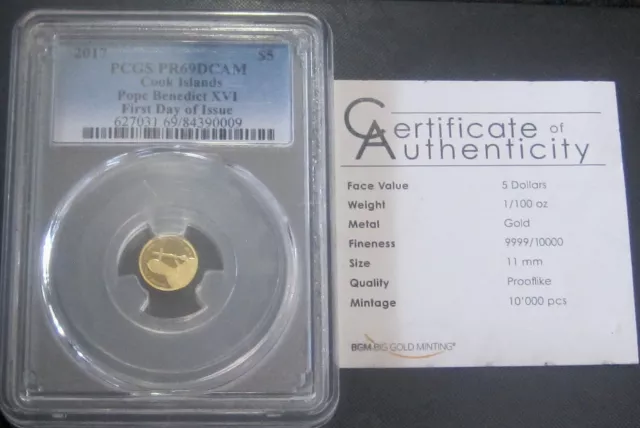 2017 **PCGS PR69 POPE BENEDICT XVI**  Cook Islands $5 Gold Prooflike Coin