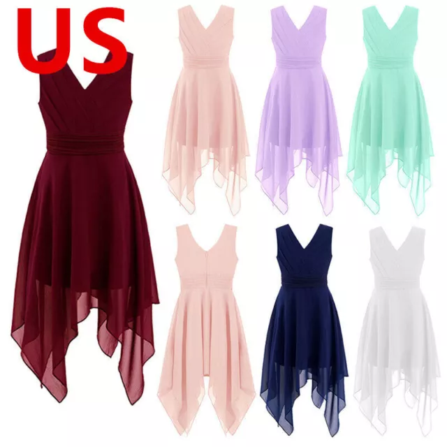 US Kids Girls Dresses Chiffon Flower Girls V Neck Skirt Princess Party Prom Gown