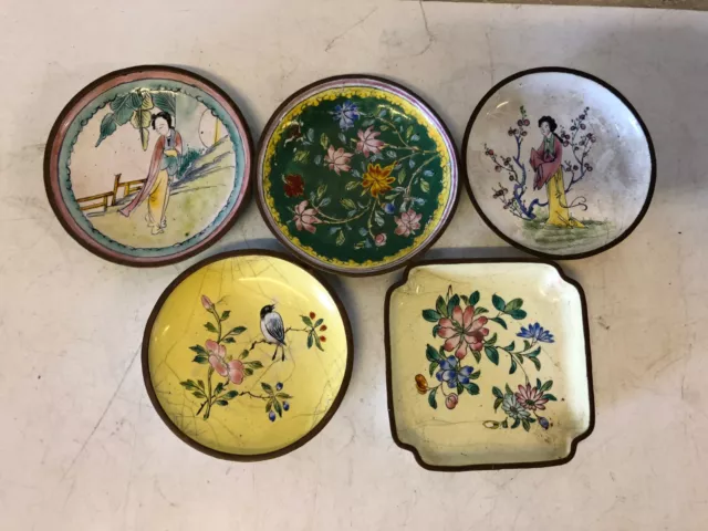 Vintage Lot of 5 Chinese Cloisonne Multicolored Hand Painted Decorative Saucers