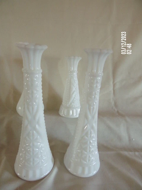 4 vtg milk glass vases two 6 inch Hoosiers and two 9 inch starburst no brand