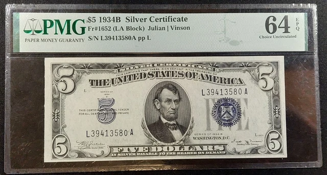 1934-B $5 Silver Certificate Fr #1652 Julian/Vinson PMG 64 EPQ