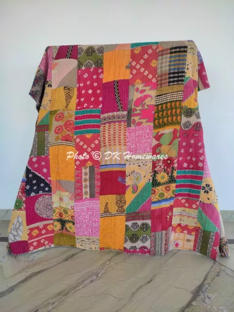 Camino de cama vintage de algodón, colcha individual Kantha de retazos vintage