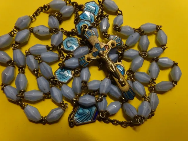 antique BLUE GLASS rosary /  BLUE ENAMEL crucifix + center MEDAL + MEDALS