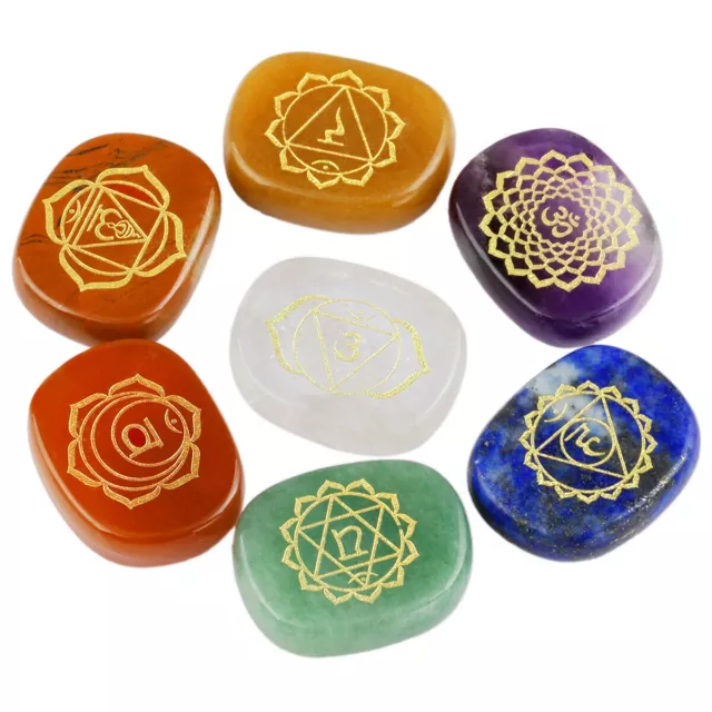 Healing Crystal 7 Chakra Polished Engraved Palm Pocket Gem Stones Reiki Energy