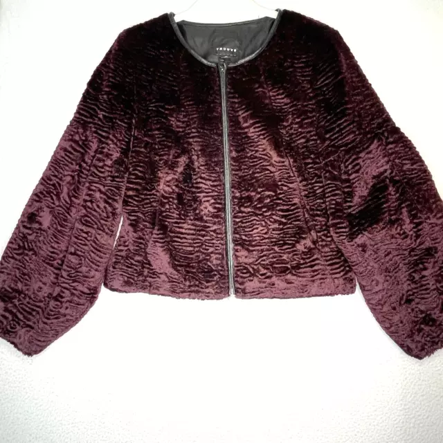 Trouve Jacket Womens Small Faux Fur Black Leather Trim Zip Up Puff Sleeve Plum